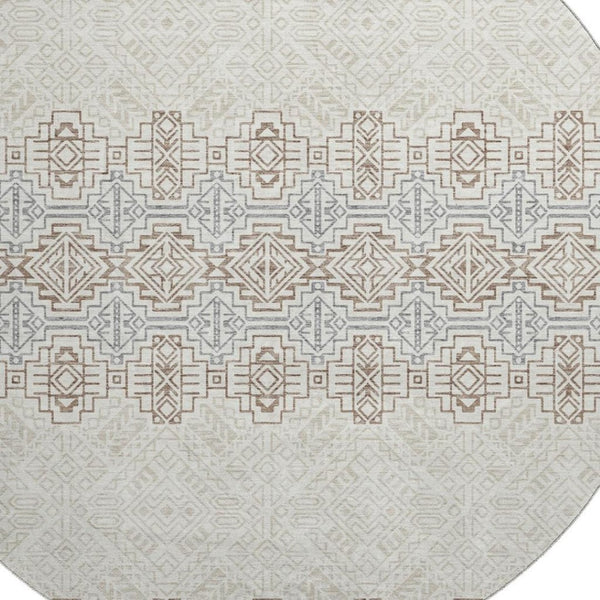 HomeRoots 8' Southwestern Round Rug in Ivory, Brown & Gray - Durable, Washable, UV-Protected & Stylish Design 676725