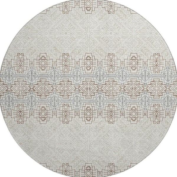 HomeRoots 8' Southwestern Round Rug in Ivory, Brown & Gray - Durable, Washable, UV-Protected & Stylish Design 676725