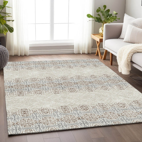 HomeRoots 9' X 12' Southwestern Washable Area Rug - Earthy Ivory, Brown & Gray, UV Protected for Families! 676727