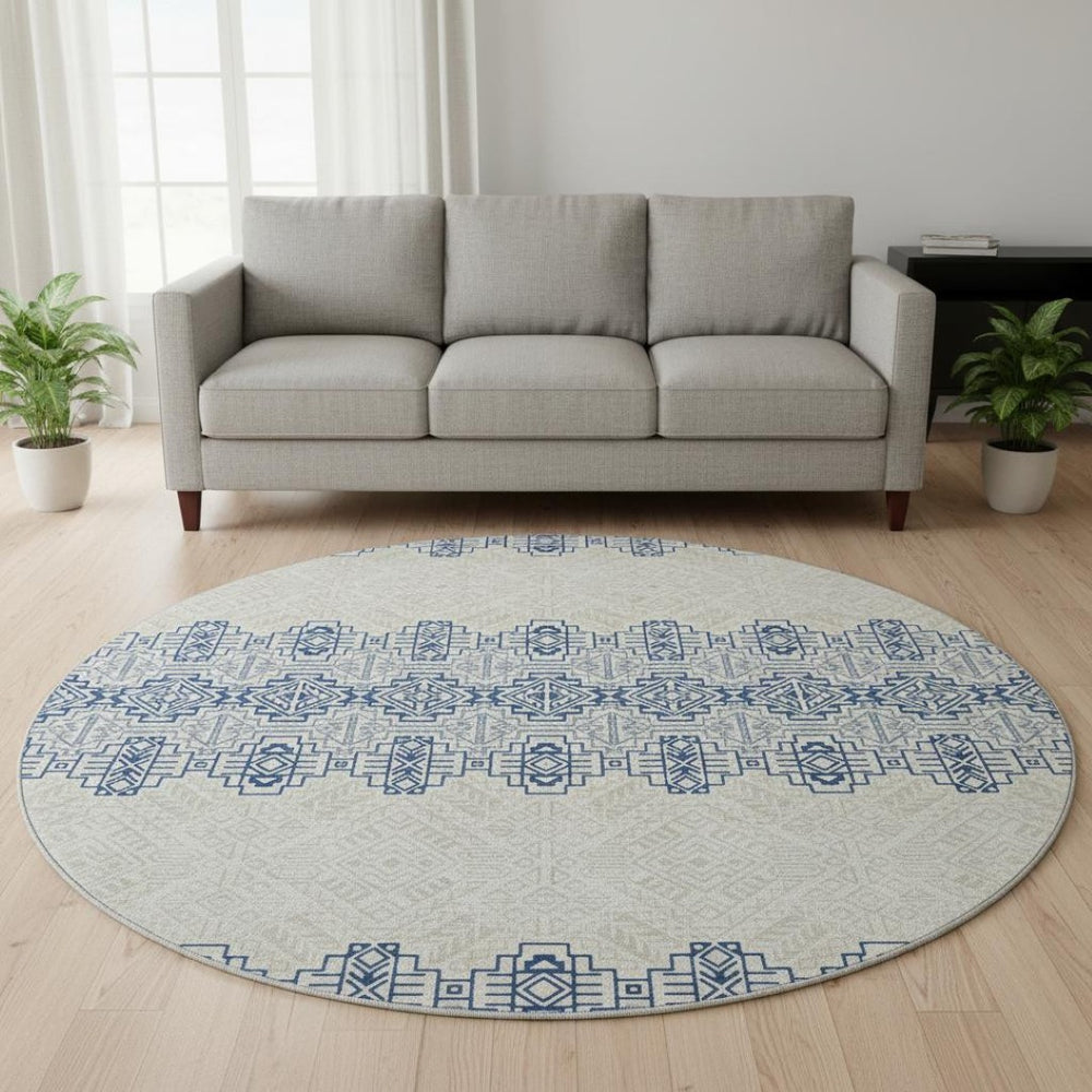HomeRoots 8' Navy Blue and Ivory Southwestern Round Rug - Durable, Washable, UV Protected for Family Homes 676731