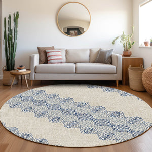 HomeRoots 8' Navy Blue and Ivory Southwestern Round Rug - Durable, Washable, UV Protected for Family Homes 676731
