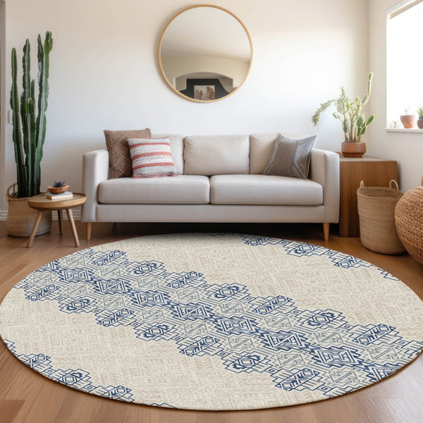 HomeRoots 8' Navy Blue and Ivory Southwestern Round Rug - Durable, Washable, UV Protected for Family Homes 676731
