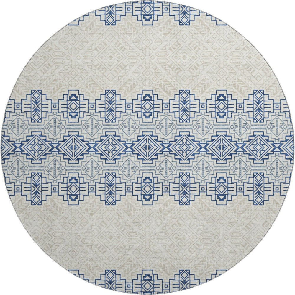 HomeRoots 8' Navy Blue and Ivory Southwestern Round Rug - Durable, Washable, UV Protected for Family Homes 676731