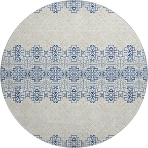 HomeRoots 8' Navy Blue and Ivory Southwestern Round Rug - Durable, Washable, UV Protected for Family Homes 676731