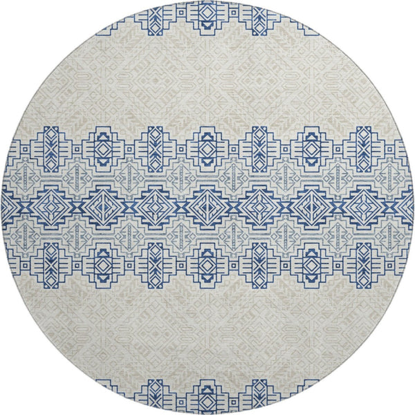 HomeRoots 8' Navy Blue and Ivory Southwestern Round Rug - Durable, Washable, UV Protected for Family Homes 676731