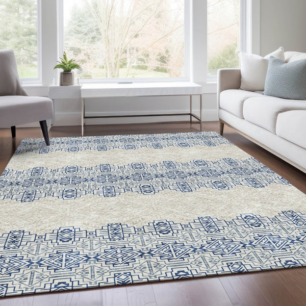HomeRoots 9' X 12' Navy Blue Southwestern Area Rug - Washable, UV Protected, Stylish & Durable for Any Room 676733