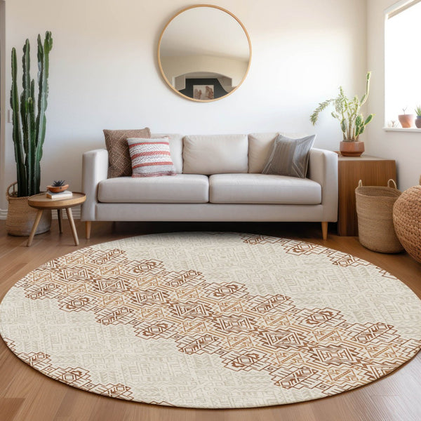 HomeRoots 8' Southwestern Round Rug in Rust & Ivory - Washable, UV Protected, Durable for Homes with Kids & Pets 676737