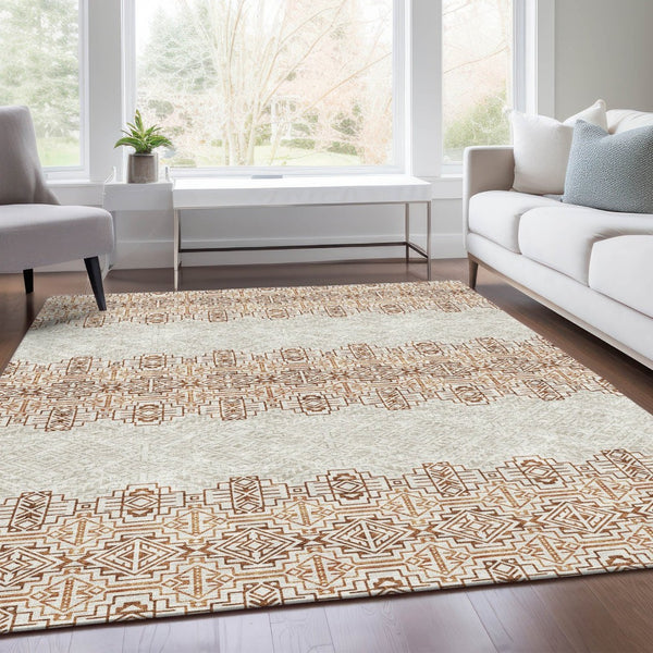 HomeRoots 9' X 12' Southwestern Washable Area Rug - Durable Rust & Ivory Design with UV Protection & Easy Care 676739