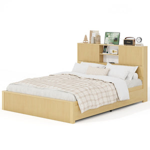English Elm Queen Storage Bed Oak Finish Sliding Barn Door Headboard with Built-in Charging T3773P417190