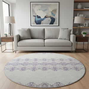 HomeRoots 8' Purple And Ivory Southwestern Round Rug – Washable, UV-Protected, Stylish for Indoors & Outdoors! 676743