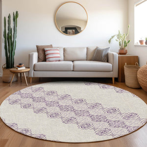 HomeRoots 8' Purple And Ivory Southwestern Round Rug – Washable, UV-Protected, Stylish for Indoors & Outdoors! 676743