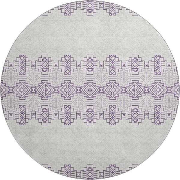 HomeRoots 8' Purple And Ivory Southwestern Round Rug – Washable, UV-Protected, Stylish for Indoors & Outdoors! 676743