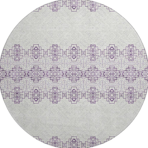 HomeRoots 8' Purple And Ivory Southwestern Round Rug – Washable, UV-Protected, Stylish for Indoors & Outdoors! 676743