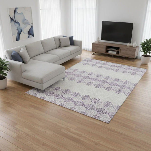 HomeRoots 9' X 12' Southwestern Washable Area Rug in Purple & Ivory - Durable, UV-Protected, Timeless Style! 676745