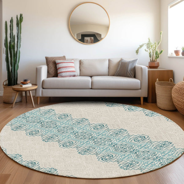 HomeRoots 8' Teal and Ivory Southwestern Round Rug - Washable, UV Protected, Perfect for Busy Homes & Style 676749