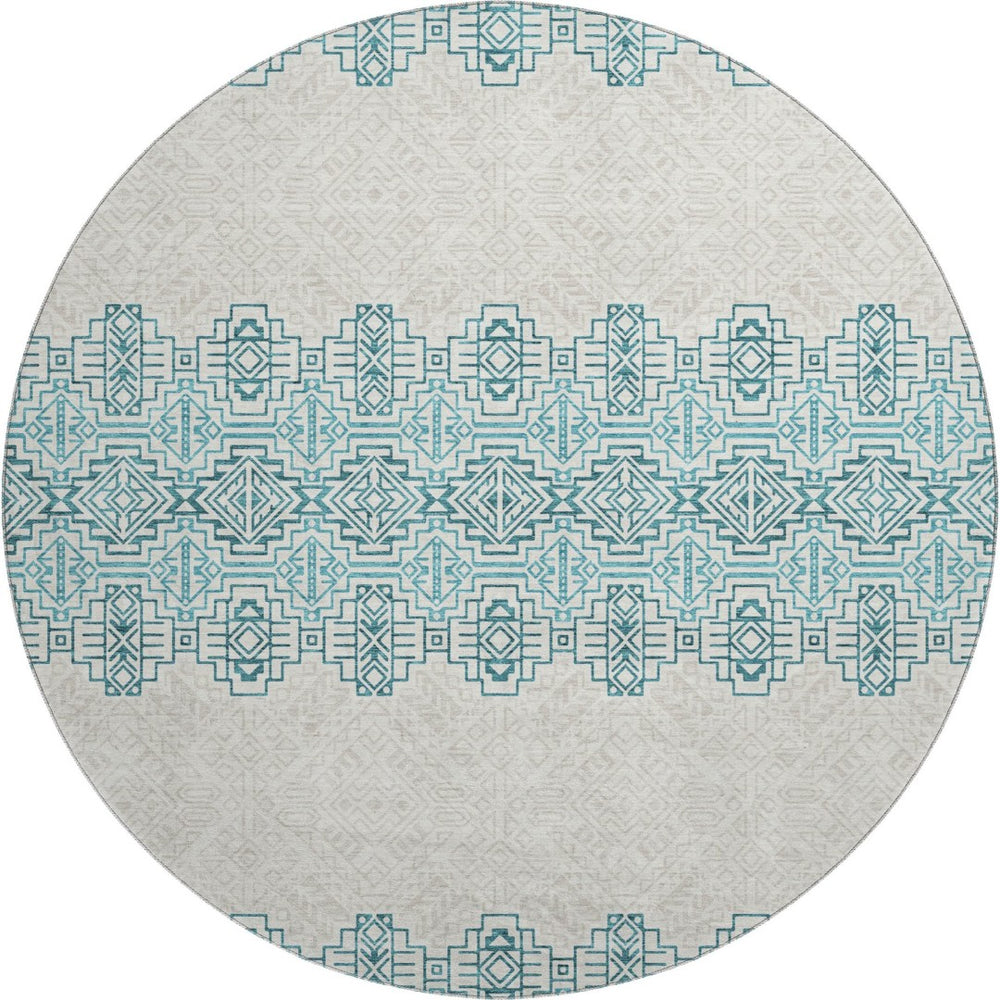 HomeRoots 8' Teal and Ivory Southwestern Round Rug - Washable, UV Protected, Perfect for Busy Homes & Style 676749
