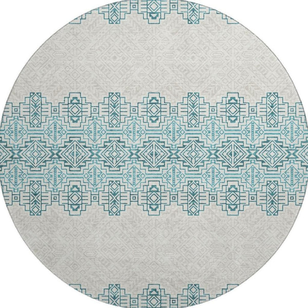 HomeRoots 8' Teal and Ivory Southwestern Round Rug - Washable, UV Protected, Perfect for Busy Homes & Style 676749
