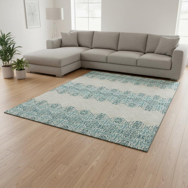 HomeRoots 8' X 10' Teal and Ivory Southwestern Area Rug – Stylish, Washable, UV-Protected for Busy Homes! 676750