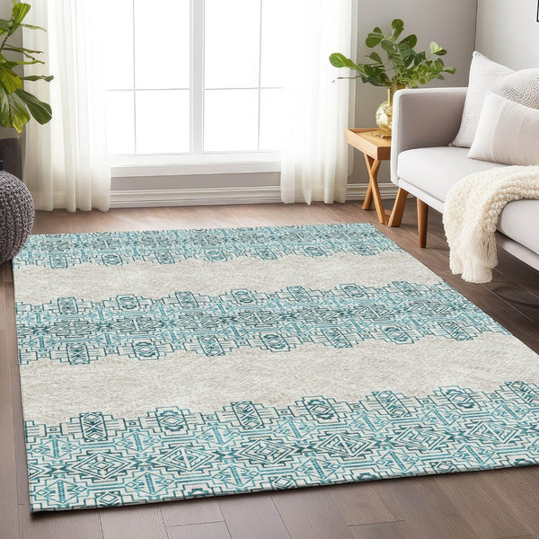 HomeRoots 9' X 12' Teal And Ivory Southwestern Area Rug – Durable, Washable, UV-Protected for Indoor/Outdoor Use 676751
