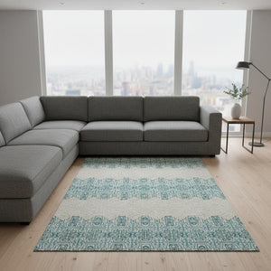 HomeRoots 10' Teal and Ivory Southwestern Washable Area Rug - Durable, UV Protected, Perfect for Large Spaces! 676752