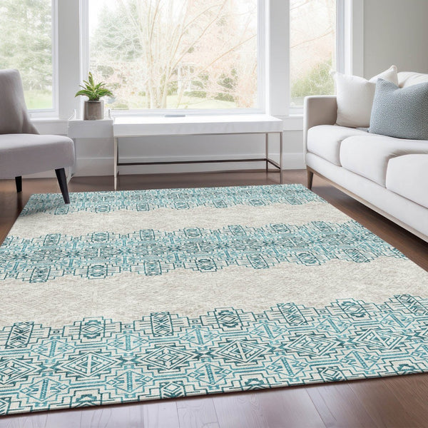 HomeRoots 10' Teal and Ivory Southwestern Washable Area Rug - Durable, UV Protected, Perfect for Large Spaces! 676752