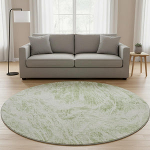 HomeRoots 8' Artichoke Green and Ivory Abstract Round Rug - Durable, Washable, UV-Protected for Modern Spaces 676755