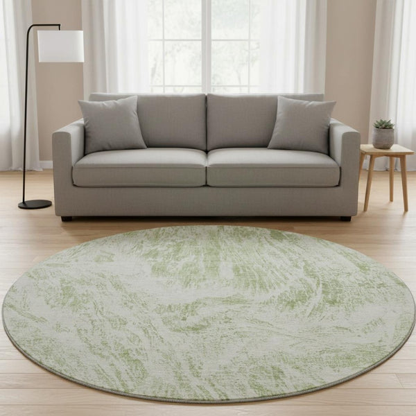 HomeRoots 8' Artichoke Green and Ivory Abstract Round Rug - Durable, Washable, UV-Protected for Modern Spaces 676755