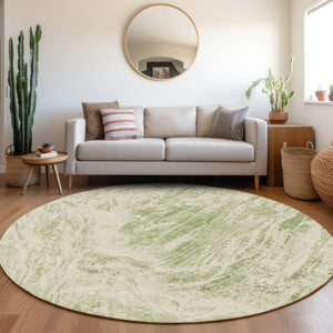 HomeRoots 8' Artichoke Green and Ivory Abstract Round Rug - Durable, Washable, UV-Protected for Modern Spaces 676755