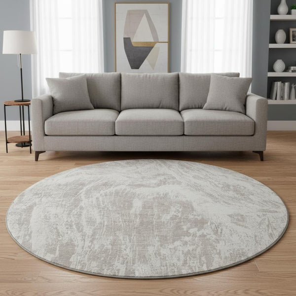 HomeRoots 8' Beige and Ivory Abstract Round Rug - Washable, UV-Protected, Durable & Stain-Resistant Design 676761