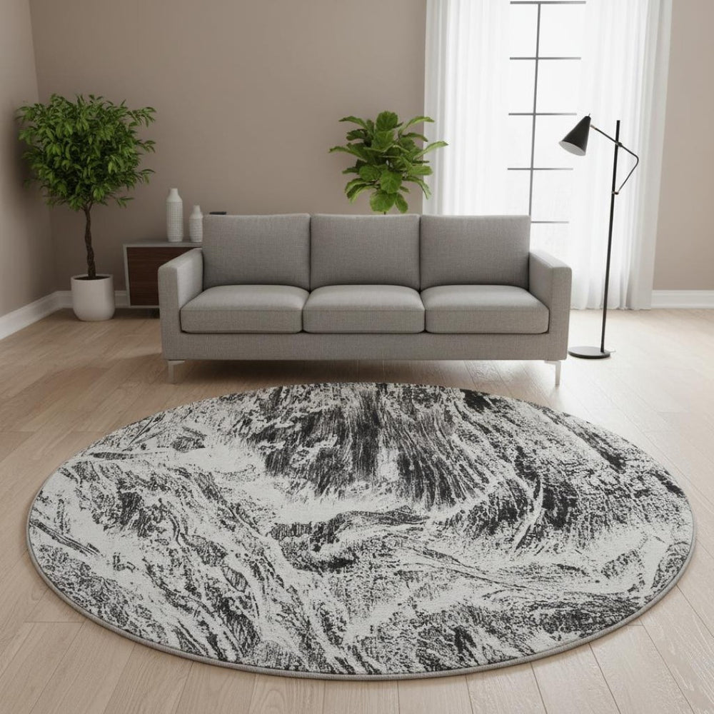 HomeRoots 8' Black And Ivory Abstract Round Rug – Washable, UV Protected, Stain Resistant & Stylish Home Decor 676767
