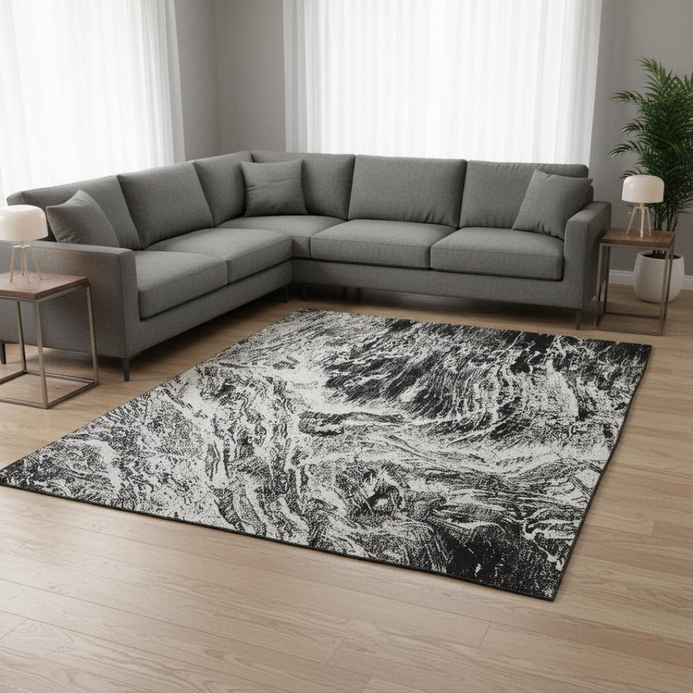 HomeRoots 8' X 10' Black and Ivory Abstract Washable Area Rug – Stylish, Durable, UV-Protected for Any Room 676768