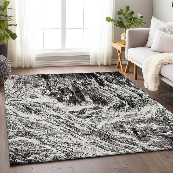 HomeRoots 8' X 10' Black and Ivory Abstract Washable Area Rug – Stylish, Durable, UV-Protected for Any Room 676768