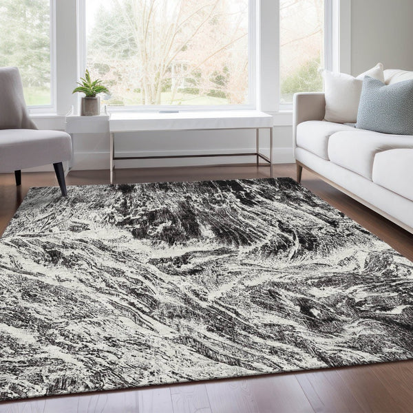 HomeRoots 8' X 10' Black and Ivory Abstract Washable Area Rug – Stylish, Durable, UV-Protected for Any Room 676768