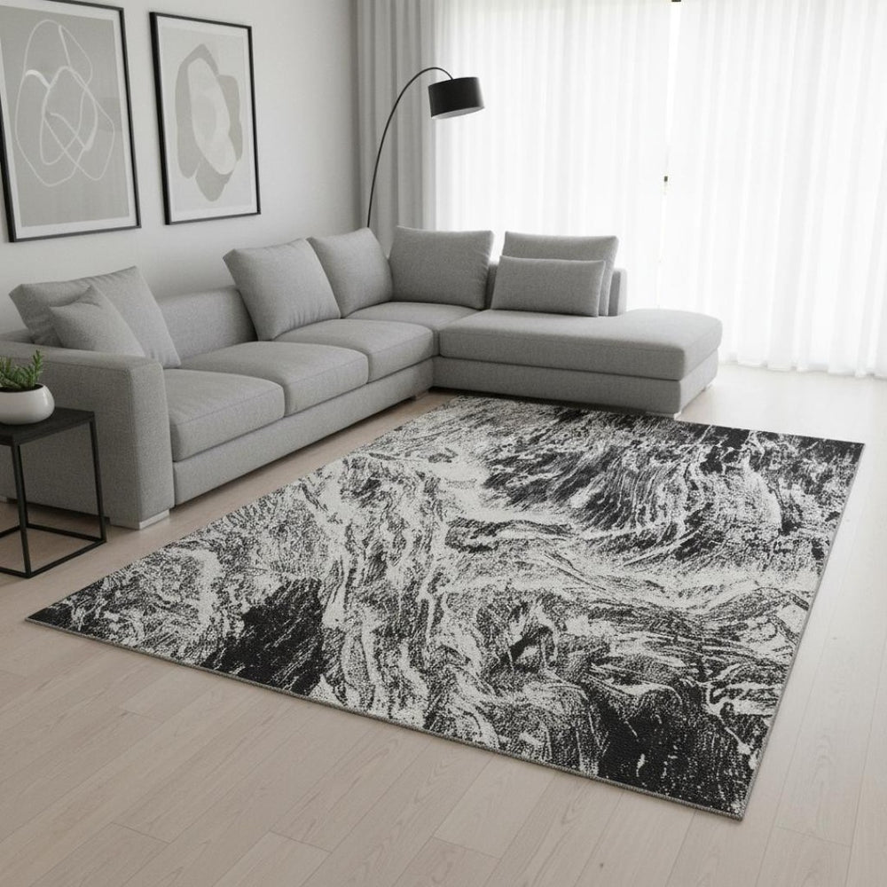 HomeRoots 9' X 12' Black and Ivory Abstract Washable Area Rug – Durable, Stylish, UV-Protected for Every Home 676769