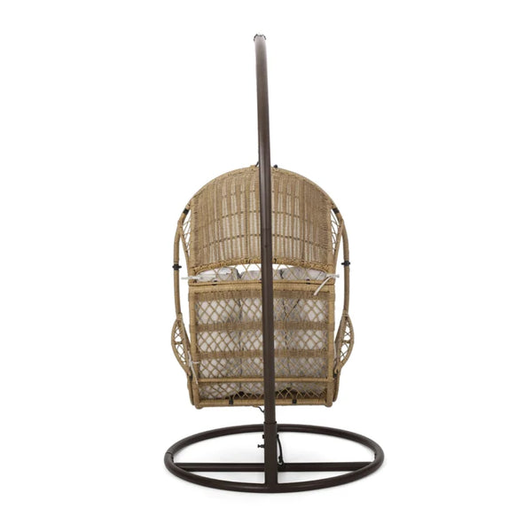 English Elm Malia Woven Rattan Outdoor Hanging Chair with Iron Stand and Plush Cushion Included 67677.00LBGE_62075.00HNGBRN