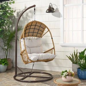 English Elm Malia Woven Rattan Outdoor Hanging Chair with Iron Stand and Plush Cushion Included 67677.00LBGE_62075.00HNGBRN
