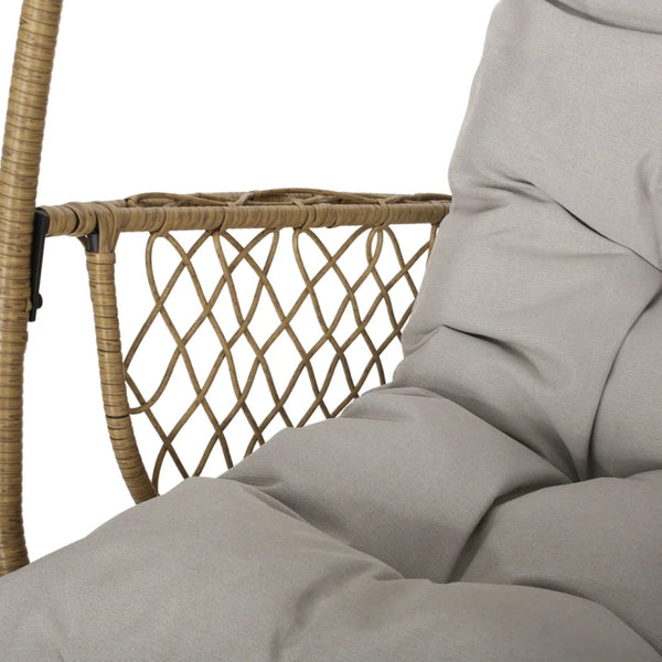 English Elm Malia Woven Rattan Outdoor Hanging Chair with Iron Stand and Plush Cushion Included 67677.00LBGE_62075.00HNGBRN