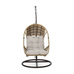 English Elm Malia Woven Rattan Outdoor Hanging Chair with Iron Stand and Plush Cushion Included 67677.00LBGE_62075.00HNGBRN
