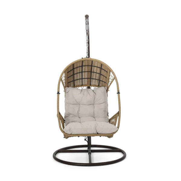 English Elm Malia Woven Rattan Outdoor Hanging Chair with Iron Stand and Plush Cushion Included 67677.00LBGE_62075.00HNGBRN