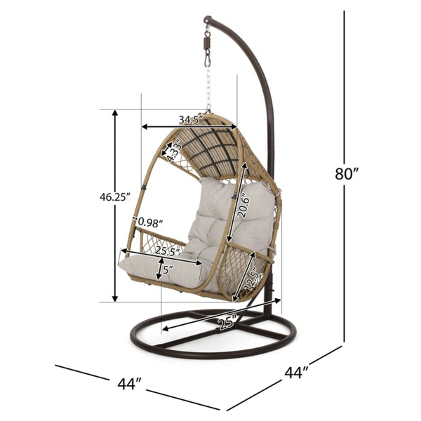 English Elm Malia Woven Rattan Outdoor Hanging Chair with Iron Stand and Plush Cushion Included 67677.00LBGE_62075.00HNGBRN