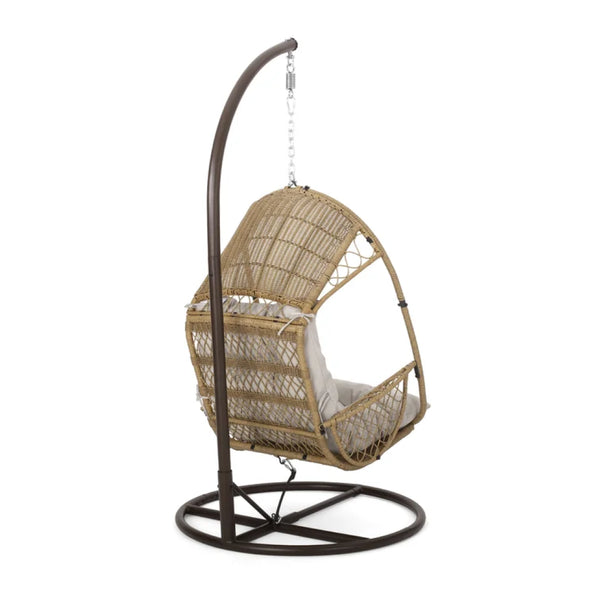 English Elm Malia Woven Rattan Outdoor Hanging Chair with Iron Stand and Plush Cushion Included 67677.00LBGE_62075.00HNGBRN