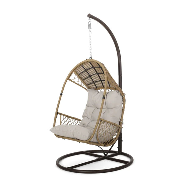 English Elm Malia Woven Rattan Outdoor Hanging Chair with Iron Stand and Plush Cushion Included 67677.00LBGE_62075.00HNGBRN