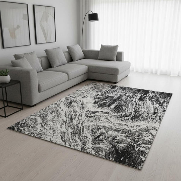 HomeRoots 10' Black and Ivory Abstract Washable Area Rug - UV Protected, Stain Resistant, Modern Design for Homes 676770
