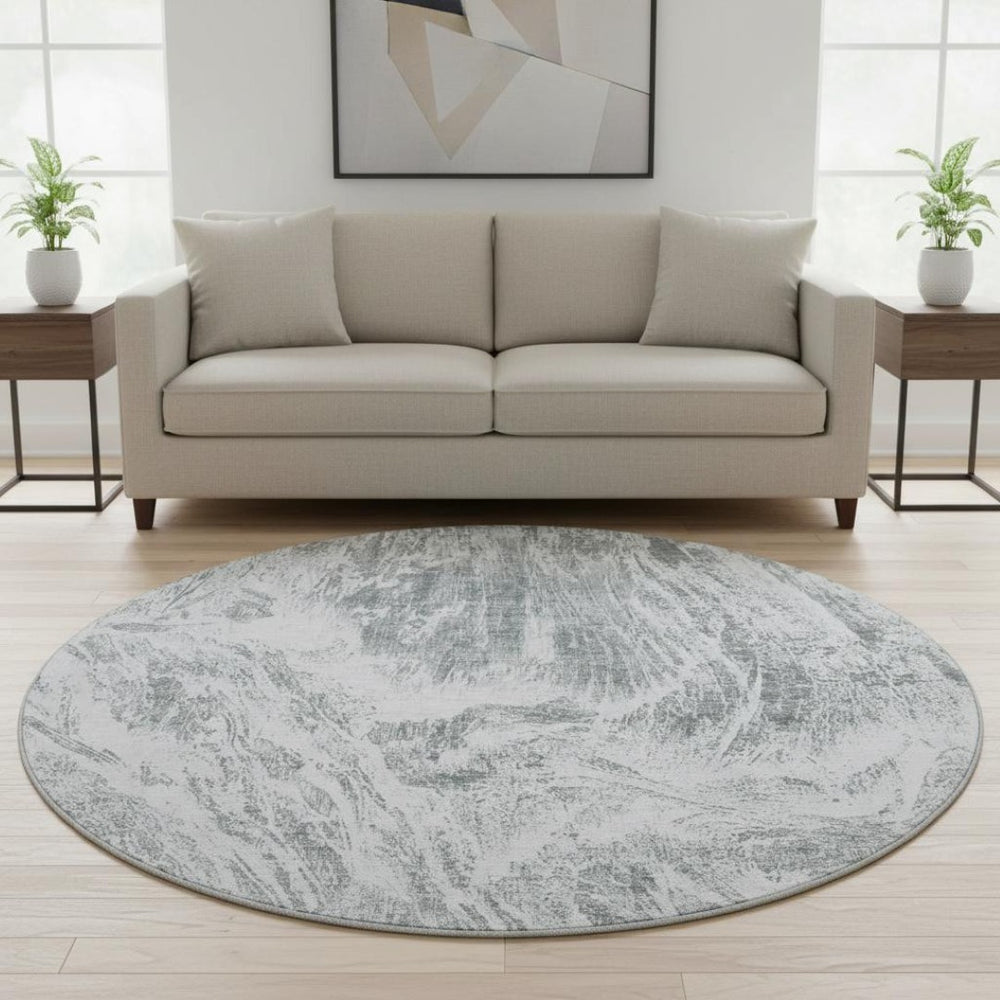 HomeRoots 8' Gray And Ivory Abstract Round Rug – Washable, UV Protected, Durable & Ideal for Busy Homes 676779