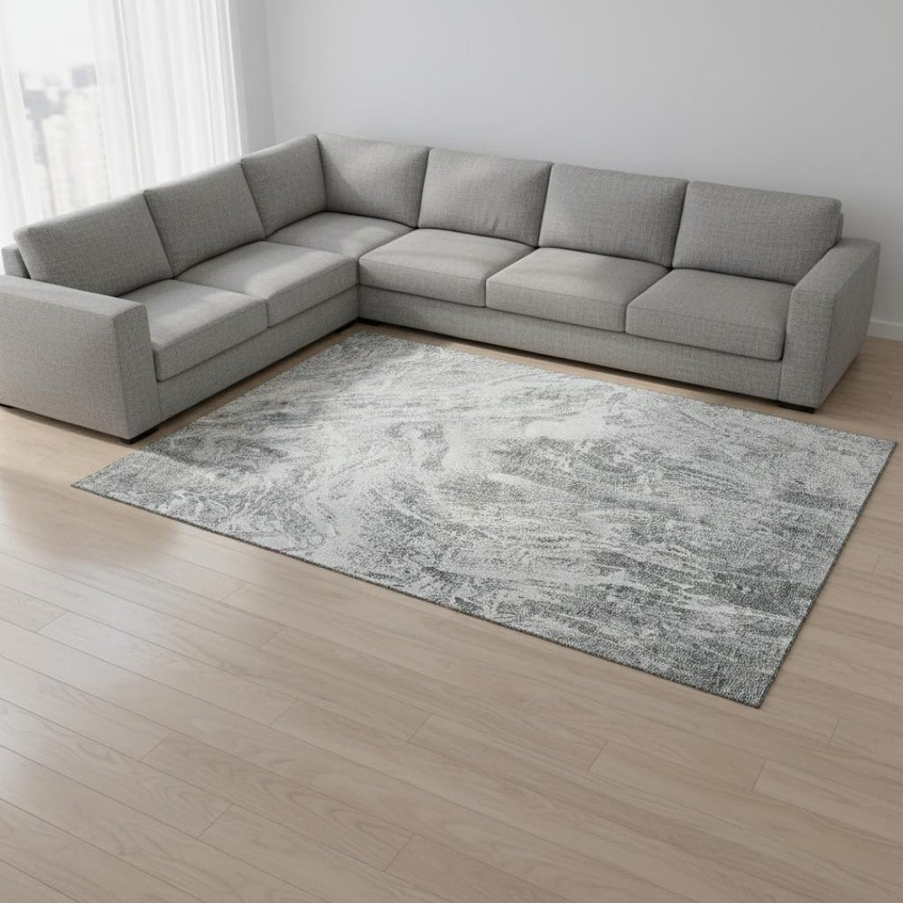 HomeRoots 10' X 14' Gray and Ivory Abstract Area Rug - Washable, UV Protected, Stain Resistant for Family Homes 676782