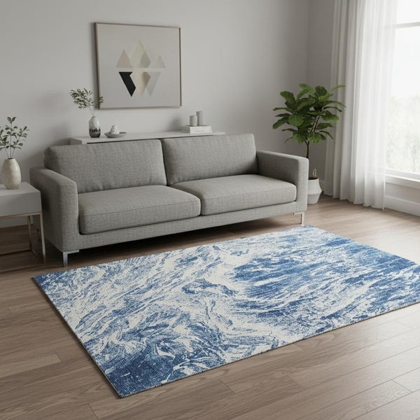 HomeRoots 5' X 8' Navy Blue & Ivory Abstract Area Rug - Washable, UV Protected, Stain Resistant for Kids & Pets 676784