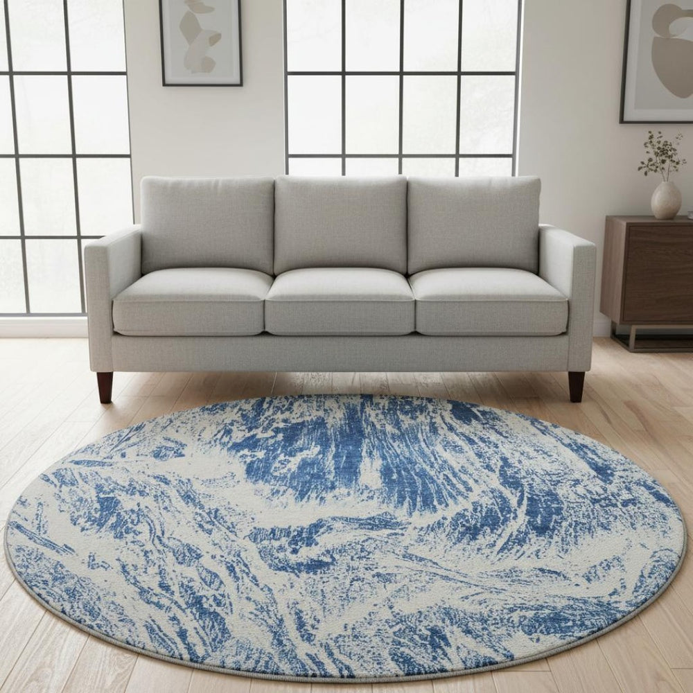 HomeRoots 8' Navy Blue & Ivory Abstract Washable Round Rug – Stain Resistant, UV Protected, Perfect for Any Space! 676785