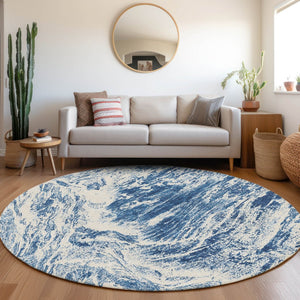 HomeRoots 8' Navy Blue & Ivory Abstract Washable Round Rug – Stain Resistant, UV Protected, Perfect for Any Space! 676785