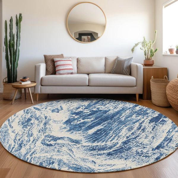 HomeRoots 8' Navy Blue & Ivory Abstract Washable Round Rug – Stain Resistant, UV Protected, Perfect for Any Space! 676785