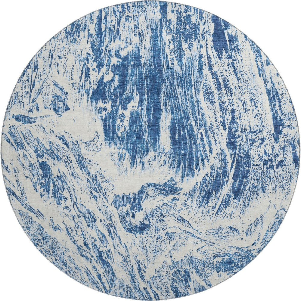 HomeRoots 8' Navy Blue & Ivory Abstract Washable Round Rug – Stain Resistant, UV Protected, Perfect for Any Space! 676785
